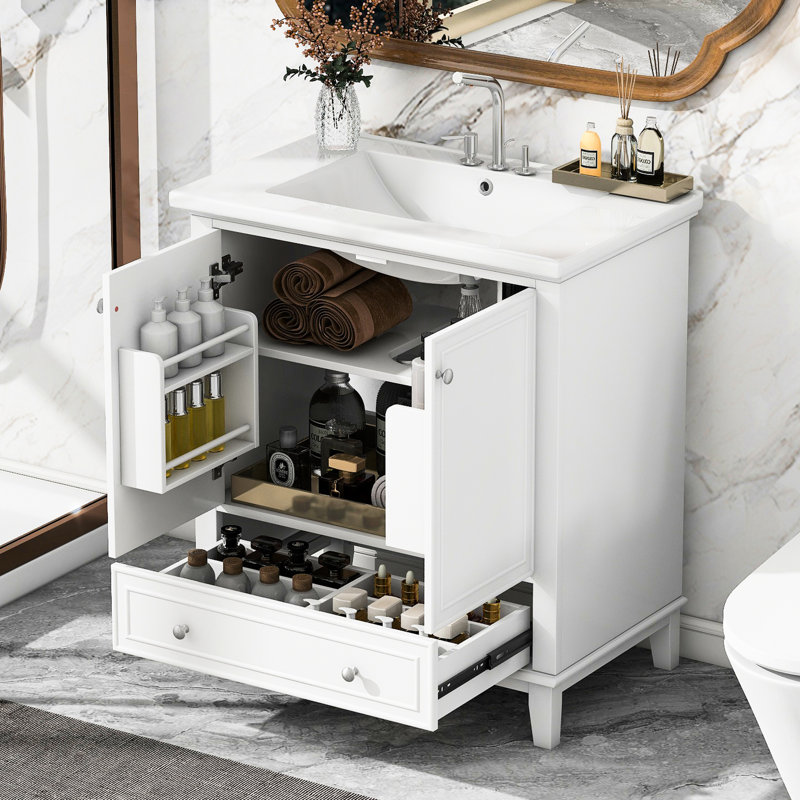 Base de meuble-lavabo blanc avec lavabo en céramique et armoire en bois massif 30 po, Blanc