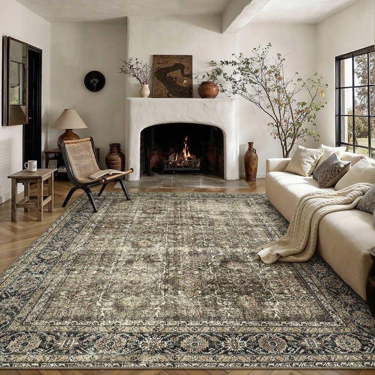 Kitty Machine Washable Area Rugs for Living Room with Non-Slip Backing  Brown/Black Rug