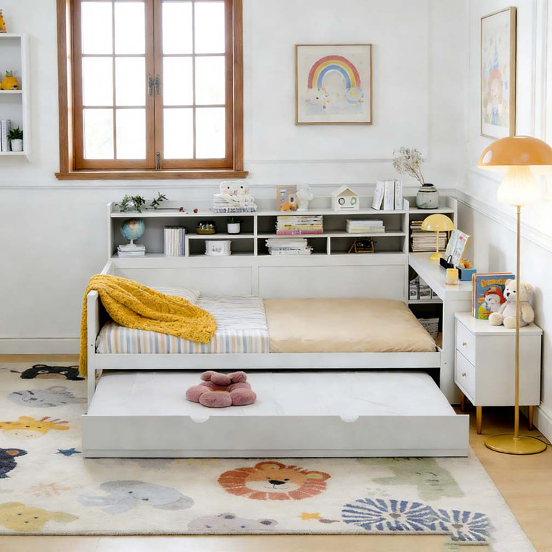 Lit de jour double en bois avec tablettes de rangement, lit multifonctionnel avec lit gigogne simple et bureau, Blanc antique