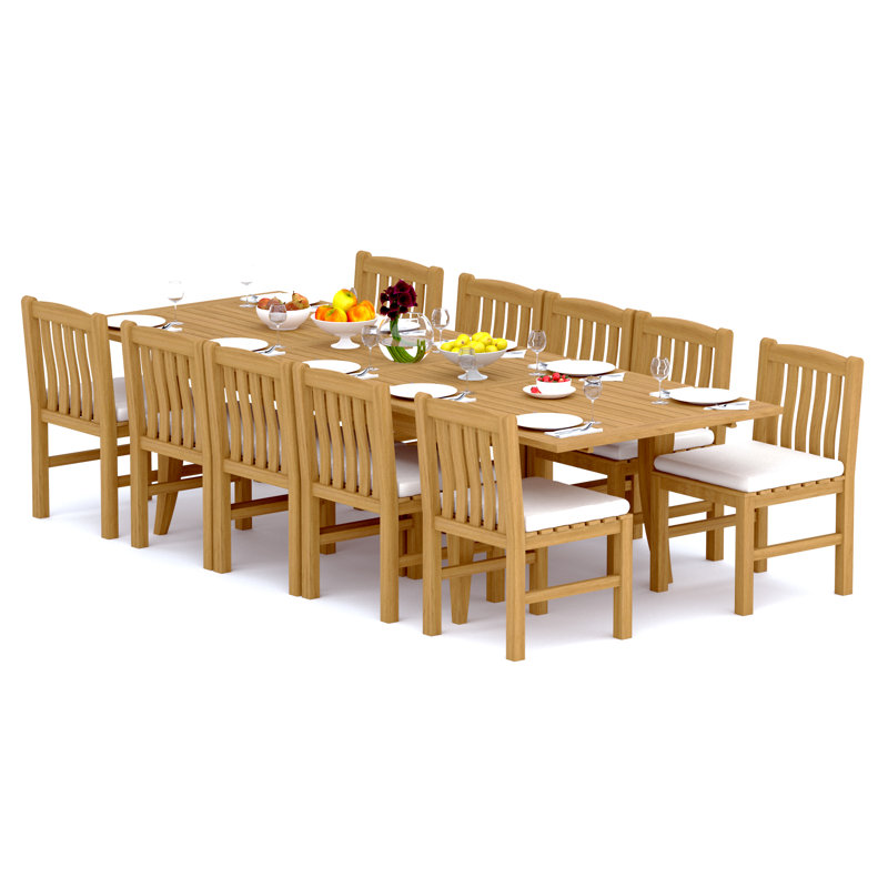 Ensemble de salle à manger de 113 pièces en bois de teck de qualité A: table rectangulaire double extension Atnas de 122 po et 12 chaises sans accoudoirs Devon # 11DV2800