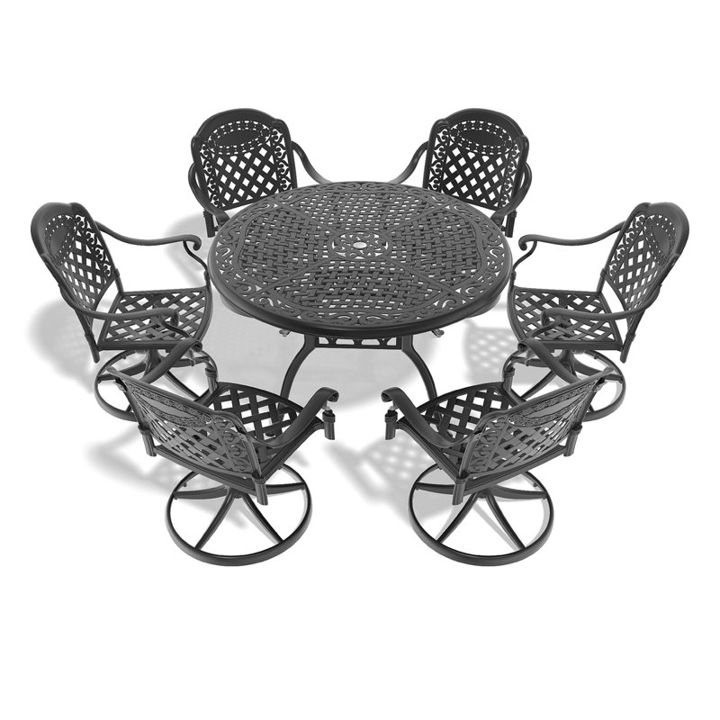 Cet ensemble de salle à manger en fonte d'aluminium toutes saisons comprend des chaises pivotantes et une table ronde avec cadre noir