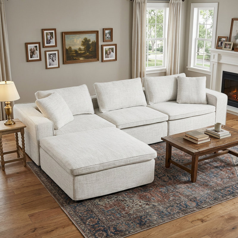 Canapé modulaire surdimensionné en forme de L de 131,3 po, revêtement en lin, rembourrage en mousse haute résilience et en duvet, siège profond, housse amovible et lavable, assemblage personnalisable et sans outils pour le salon
