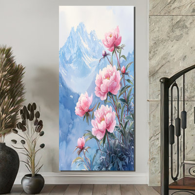 Art sur toile, pivoines par les sommets enneigés III