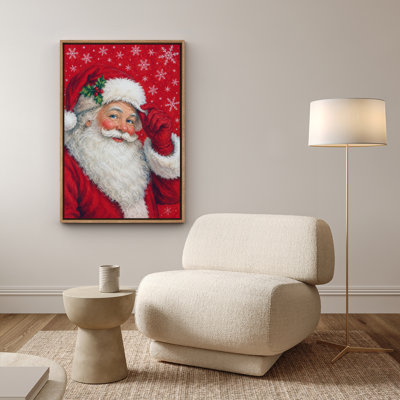 Portrait de père Noël souriant, flocon de neige rouge, impression encadrée