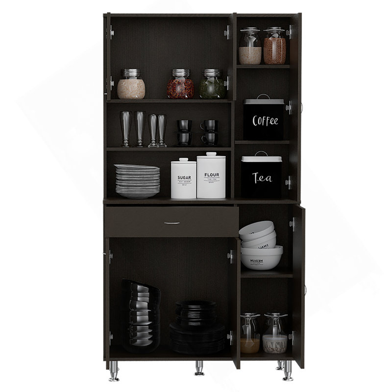 Garde-manger Della 90, un tiroir, plusieurs armoires, deux tablettes ouvertes - noir