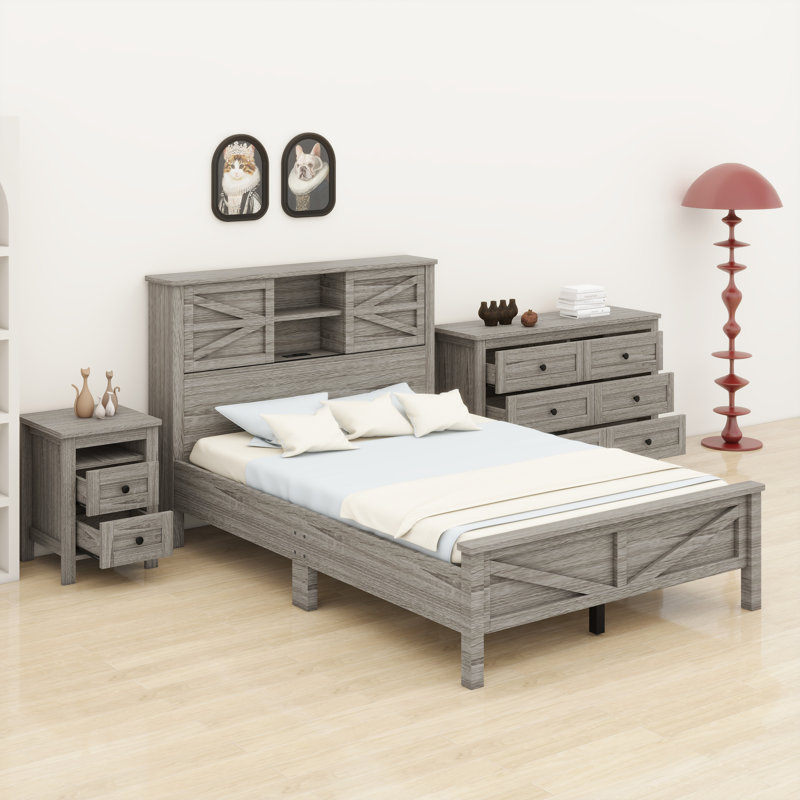 Ensemble de sommeil rustique 3 pièces avec lit plateforme peu encombrant, tête de lit à porte coulissante multifonctionnelle avec accès USB, table de chevet et commode complémentaires pour une organisation améliorée