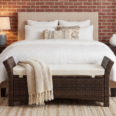 43.5'' Wicker Upholstered Storage Bench with Arms and Cushion for Entryway, Bedroom, or Patio, Synthetic Brown Wicker