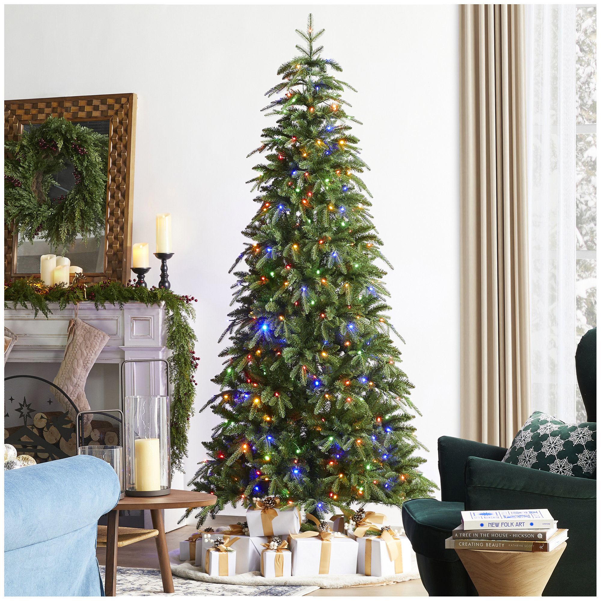 Radiant Evergreen Fir-11Ft Prelit Green Slim Fir Christmas Tree With Lights, 7.5'