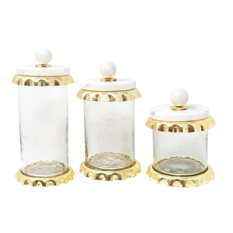 Pot en verre martelé avec volants doublés et couvercle en marbre, H 10 po x l 4 po x P 4 po