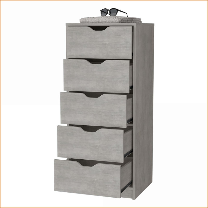 Commode, commode haute étroite à 5 tiroirs Dillon | Gris béton | Bois d'ingénierie, Beige