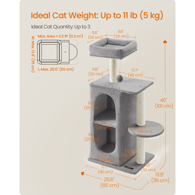 Small Cat Tree Tower With 2 Caves For Multi-Cat Households, Kittens, Scratching Posts, Light Gray