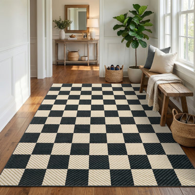Tapis à carreaux géométriques lavable de 2,4 x 3 m (8 x 10 pi), en polyester à poils courts, idéal pour le salon, la chambre à coucher, l'entrée, la cuisine et la salle à manger. Dos antidérapant en TPR. Lavable à la machine. Couleur : noir café.