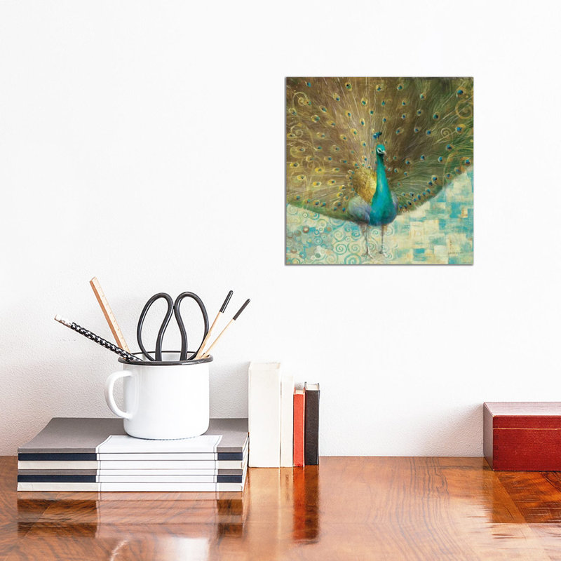 Teal Peacock On Gold by Danhui Nai - Painting on Canvas, 30.48 cm H x 30.48 cm W, Wrapped Canvas