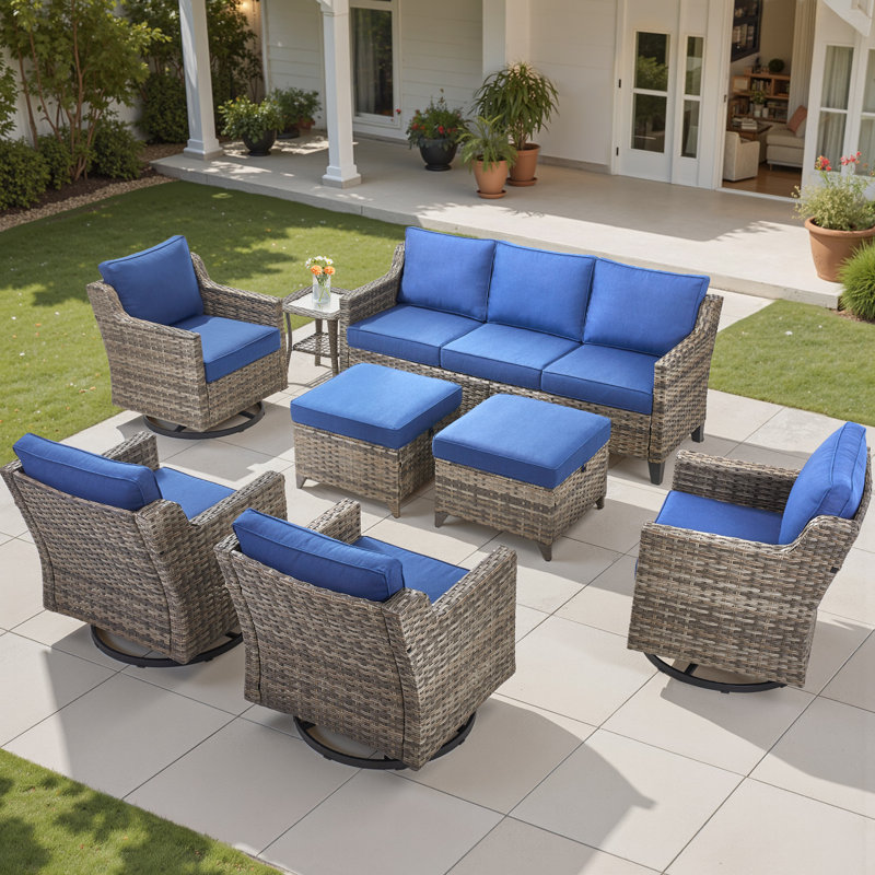 Ensemble de conversation de patio 8 pièces, canapé d'extérieur en osier avec 4 fauteuils pivotants, 2 repose-pieds et table d'appoint Maelie