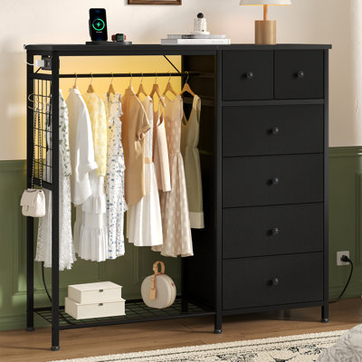 6-Drawer Storage Dresser with LED Lights, Hanging Rack & Charging Station