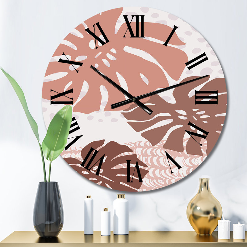 Abstraction de feuilles tropicales dans des tons de terre - Horloge murale tropicale, Moyen