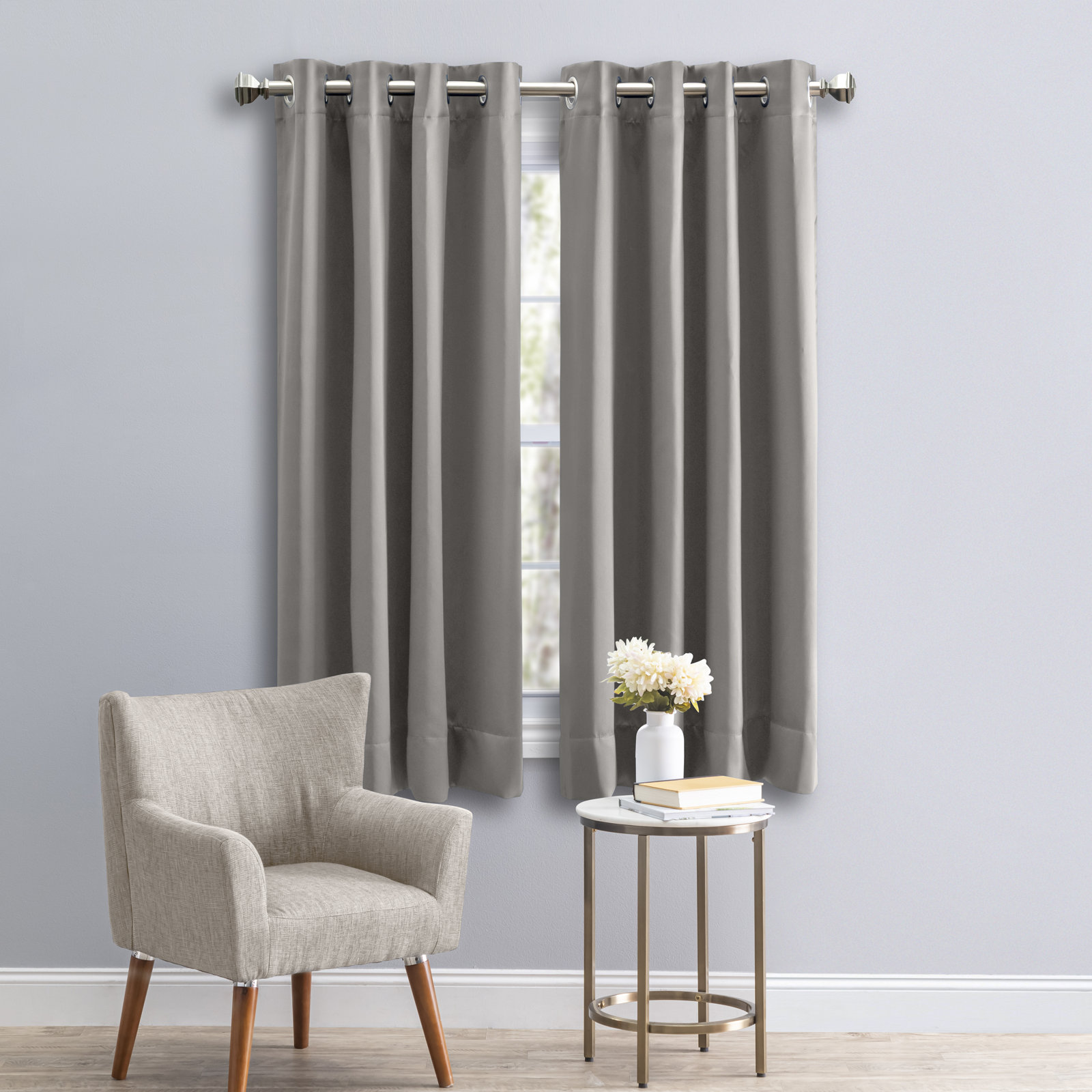 Ardelle Blackout Polyester Curtain, Gray with Brushed Nickel Grommets., 56" W x 36" L