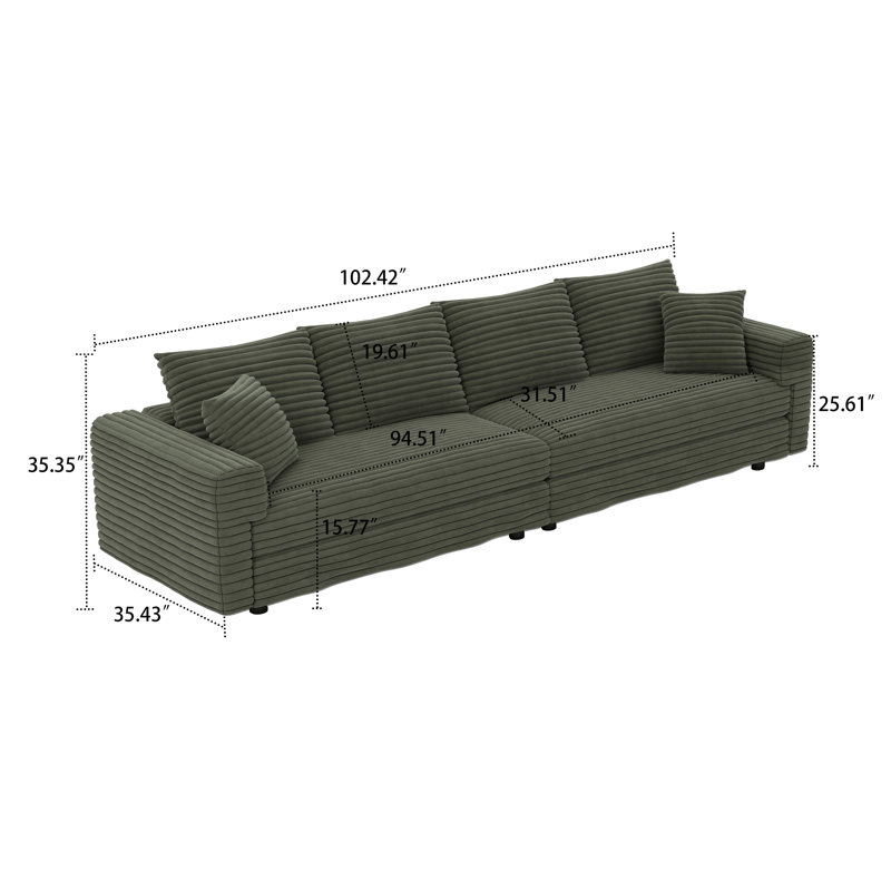 Canapé 4 places en velours côtelé Modern, Vert, H 35,35 po x l 102,42 po x P 35,43 po