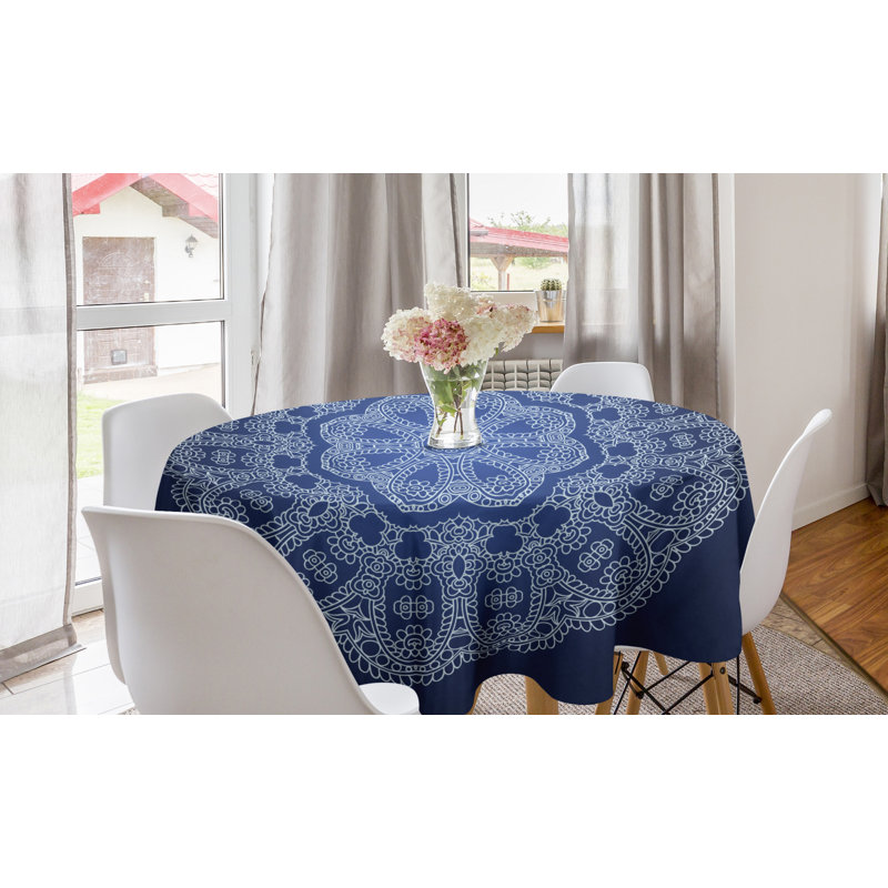 Ambesonne Blue Mandala Round Tablecloth, Flower On Blue Background Ornate Outline Asian Folkloric Motif, Circle Table Cloth Cover For Dining Room Kitchen Decoration, 60", Dark Blue White And Blue