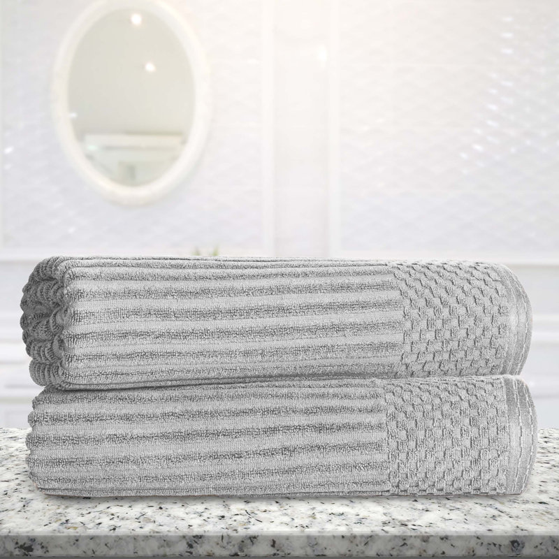 Ruvins Cotton Highly Absorbent Solid and Checkered Border Bath Sheet Set, Silver