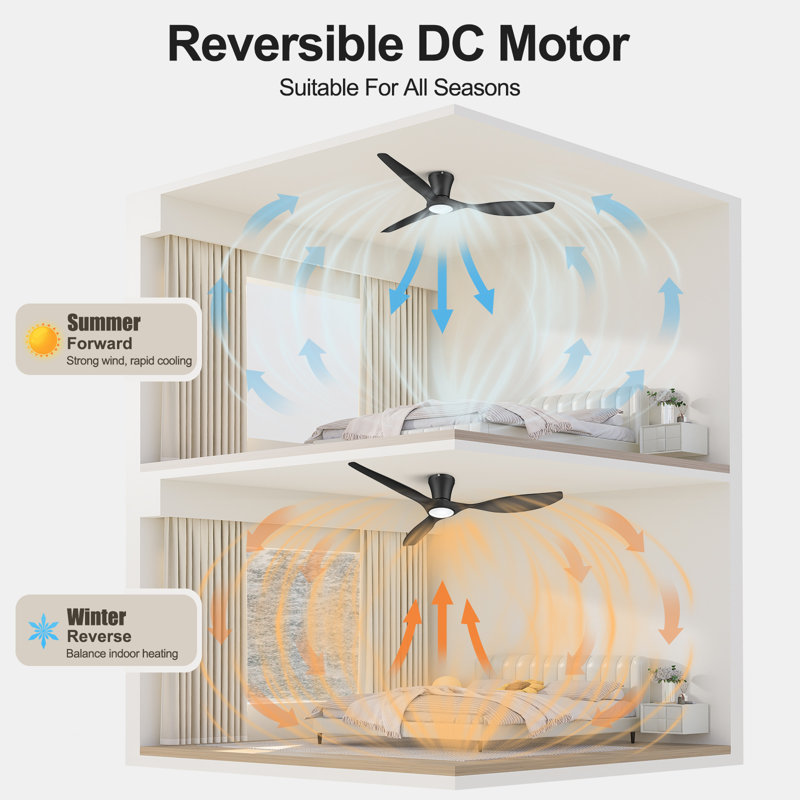 2pcs Flush Mount Ceiling Fan With Light, Black, 52" Wide