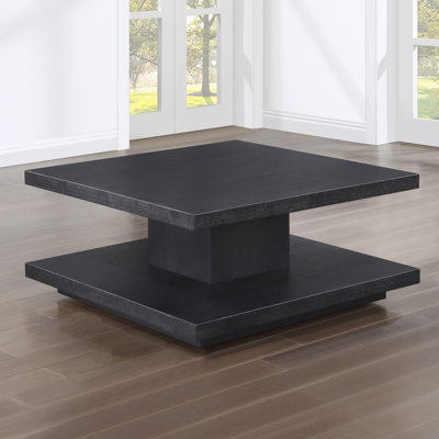 Table basse carrée en bois de chêne 38 po avec tablettes et roulettes Maricelys