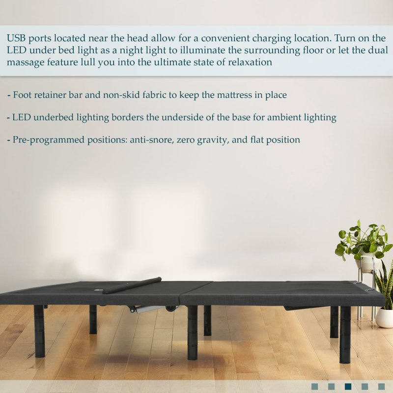 15" Adjustable Bed Frame with Lumbar Support, Dual Message, Head and Foot Incline, Split King