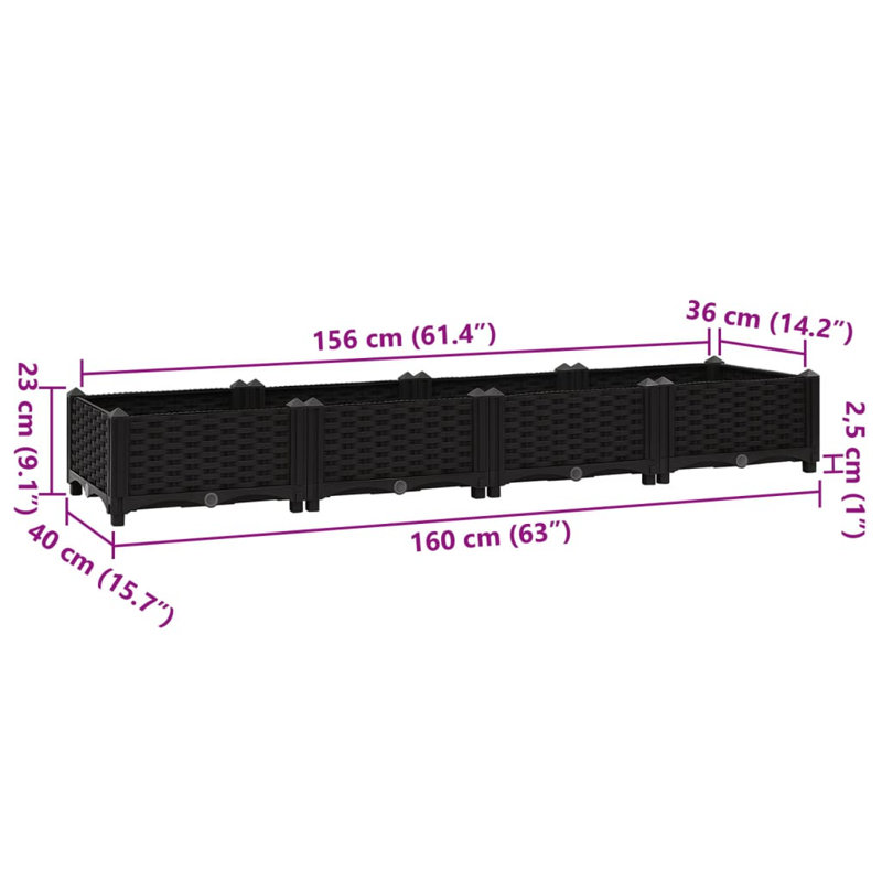 Dakota Fields Raised Bed Polypropylene, Black, 23cm H x 160cm W x 40cm D