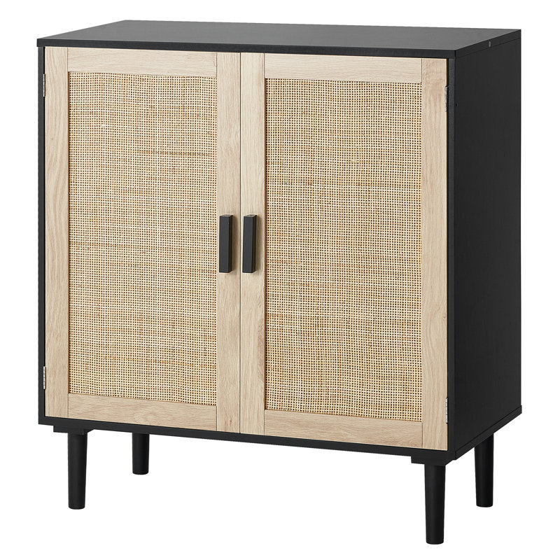 Rattan Cabinet Storage with 2 Magnetic Doors and Adjustable Shelves, Black