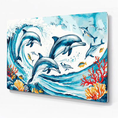 «Hawaiian Dolphins», art mural en métal bleu