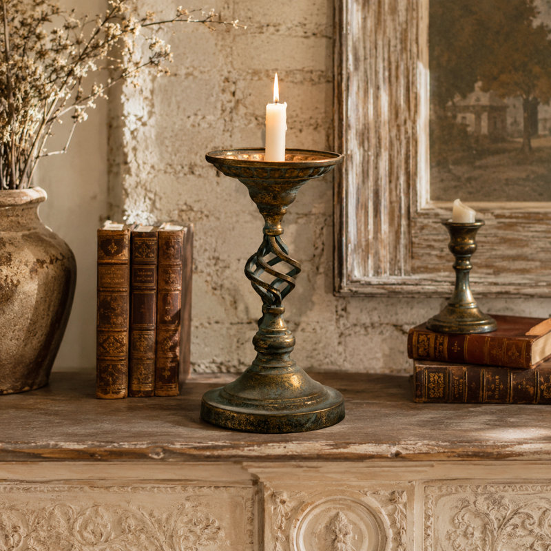 Distressed Antique Bronze Spiral Metal Candle Holder, 12'' H X 6.4'' W X 6.4' D