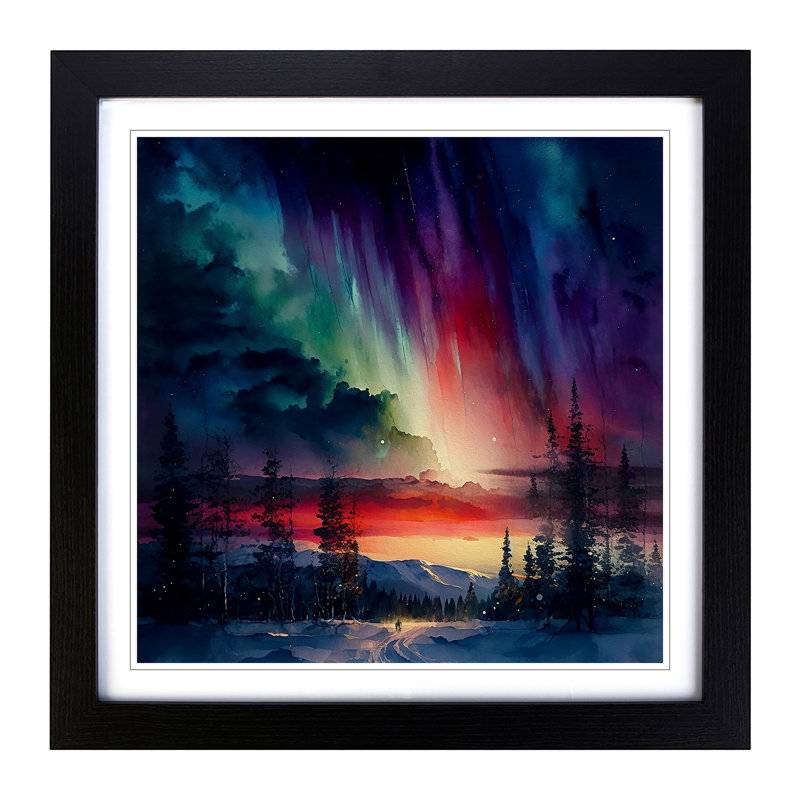 Northern Lights Watercolour - Framed Print, Black