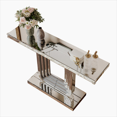 47 Inch Mirrored Console Table, Silver Entryway Table With U Base And Hand-Spliced Design | Gift Idea