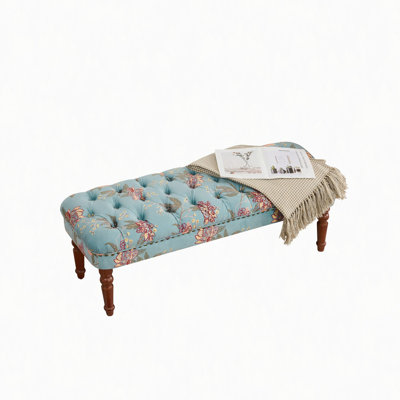 European Style Tufted Floral Bench with Turned Wood Legs,American Upholstered Ottoman for Bedroom & Primary Living Space