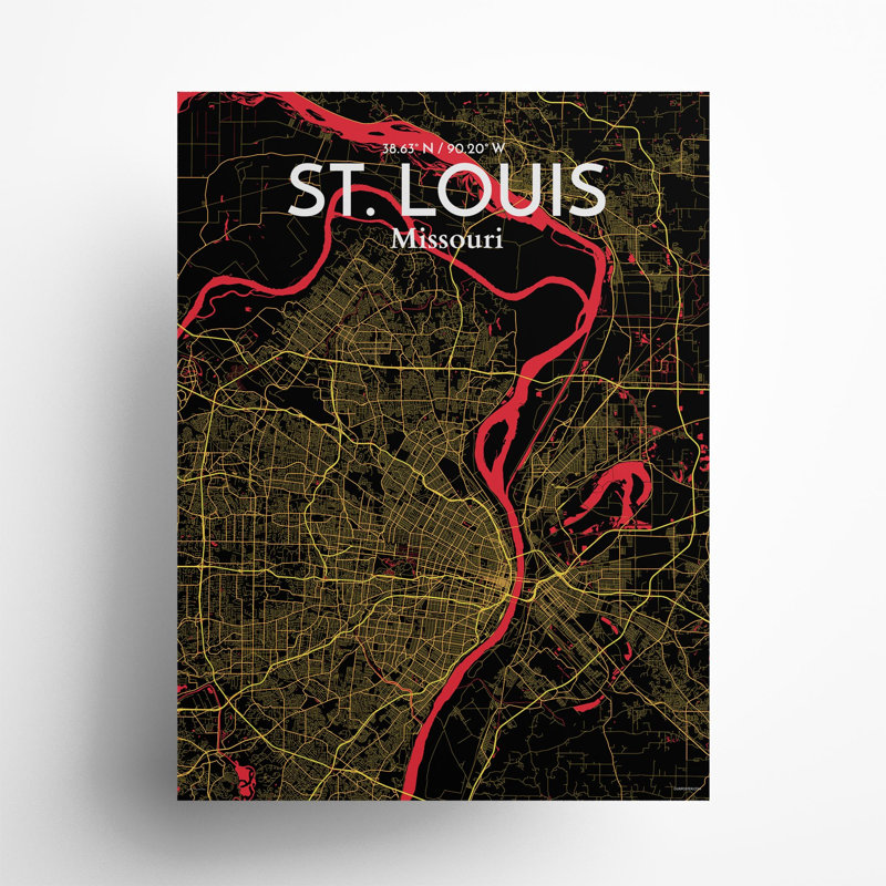 St. Louis City Map, impression, Noir / rouge / jaune, H 24 po x l 18 po