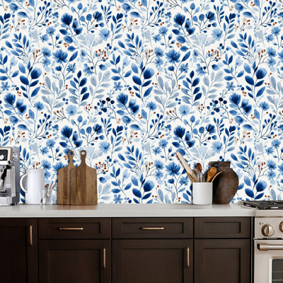 Peel and Stick Wallpaper Blue Floral Watercolor Delicate Leaves Blooms Contact Paper Removable Self Adhesive Wall Mural Wall Decor for Bedroom Kitchen Cabinets 17.7in x 118in