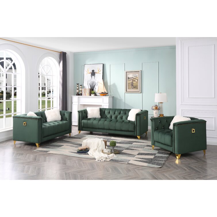 Truluck 3 Piece Living Room Set Everly Quinn Fabric: Green, Leg Color: Gold