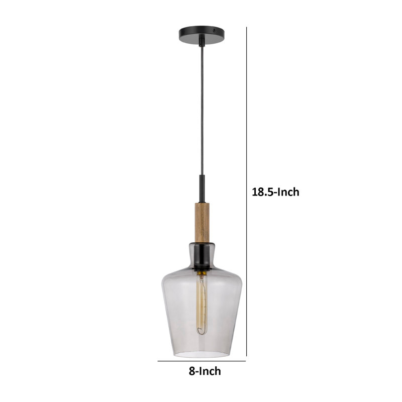 Luminaire suspendu, abat-jour rond en verre fumé, accent de bois brun, métal noir