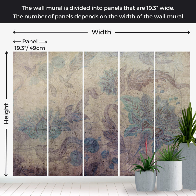 Murale botanique pelez et collez - Décorations florales style rétro, L 82 po x l 115 po