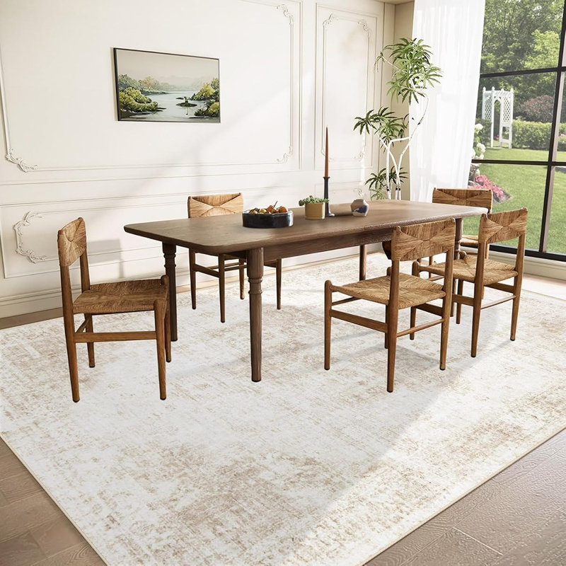 Tapis beige vintage bohème avec médaillon, lavable et antidérapant à poils courts
