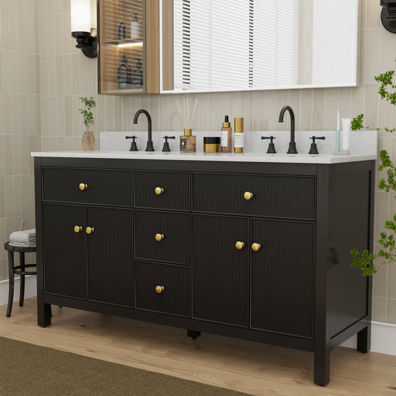 Barnhart 60" Fully Assembled Double Sink Bathroom Vanity with Engineered Stone Top, Ceramic Sink, Black/Gold