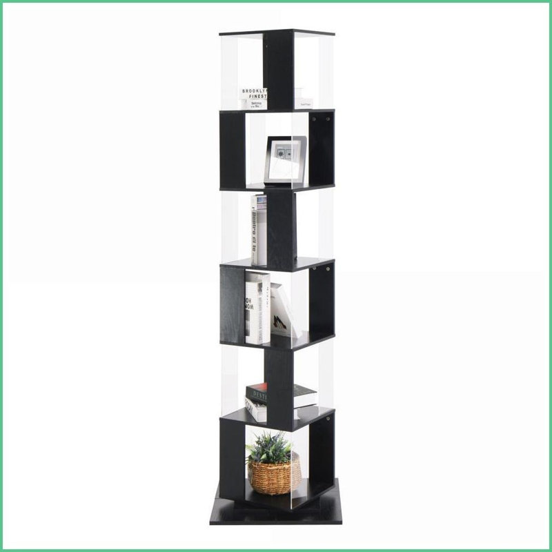 Bookshelf 6-Tier 360° Rotating with Acrylic Plates &amp; Anti-Toppling Base | Black | Particle Board