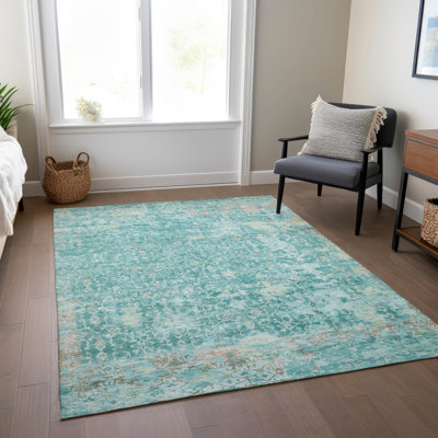 Machine Washable Indoor/Outdoor Xhevrie Teal Rug