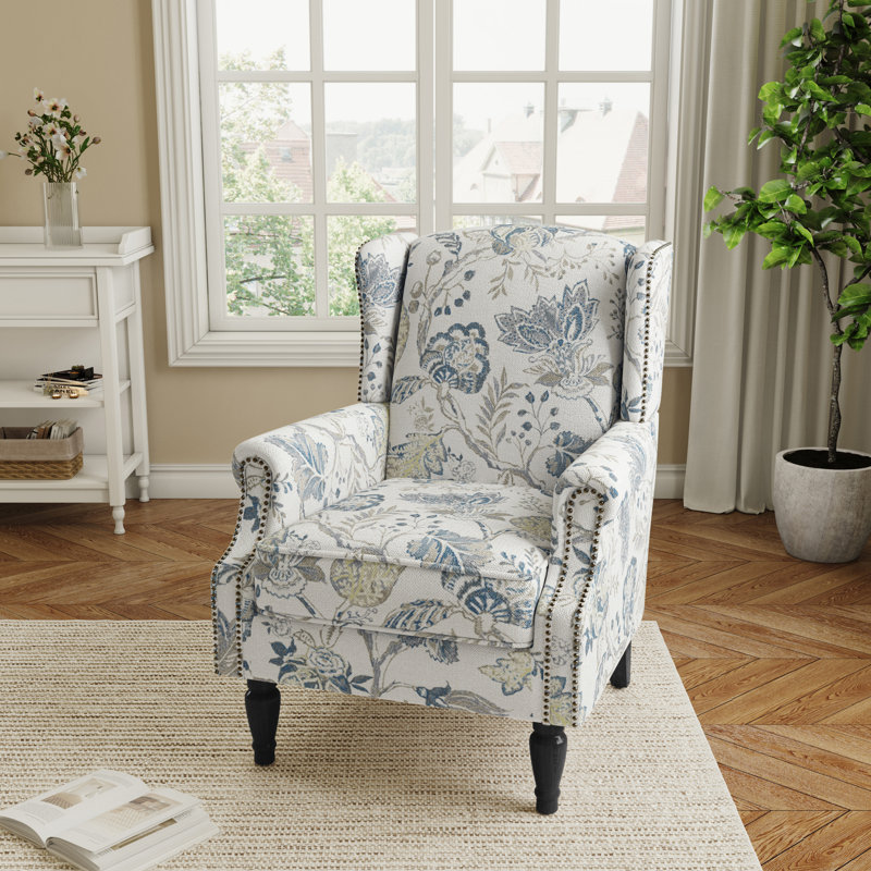 Upholstered Accent Chair, Plants Blue Polyester/Walnut