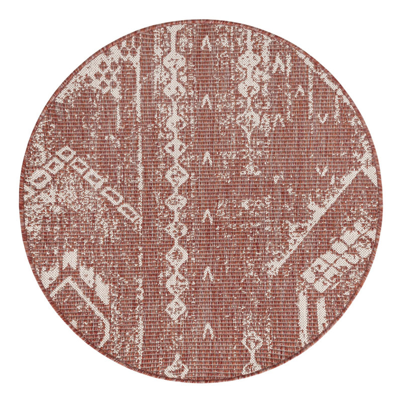 Loreen Geometric Machine Woven Rectangle Polypropylene Indoor / Outdoor Area Rug in Rust Red, Round 3'3"