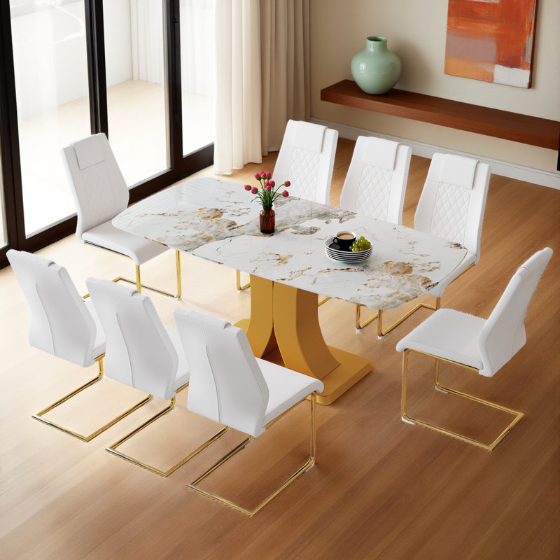 Ensemble de table de salle à manger 71 "en verre de luxe Pandora - Pieds dorés en forme de C et 6 chaises en polyuréthane avec bases arquées en métal