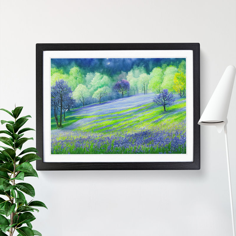 Watercolour Bluebell Field Vol.1 - Single Picture Frame Print, Black Framed, 25cm H x 34cm W x 2cm D