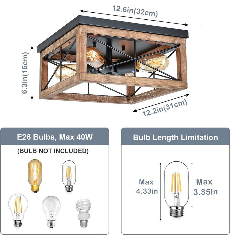 Farmhouse Black and Wood 4-Light Flush Mount Ceiling Fixture