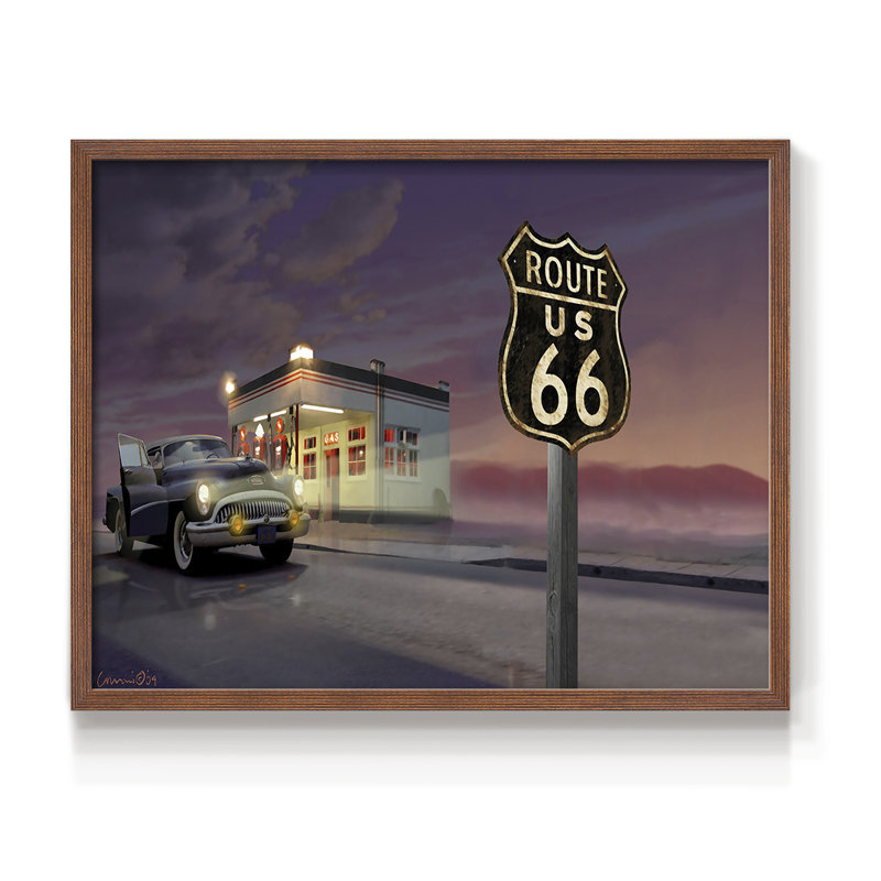 Route 66 - Reproduction encadrée - Restickable, 11" H x 14" W, Noyer
