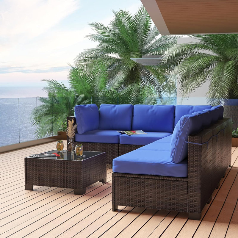 Patio7 Pieces Outdoor Patio Set With Detachable Soft Cushions Patio Conversation Sets Waterproof Patio Sectional Sofa With Glass Top Table